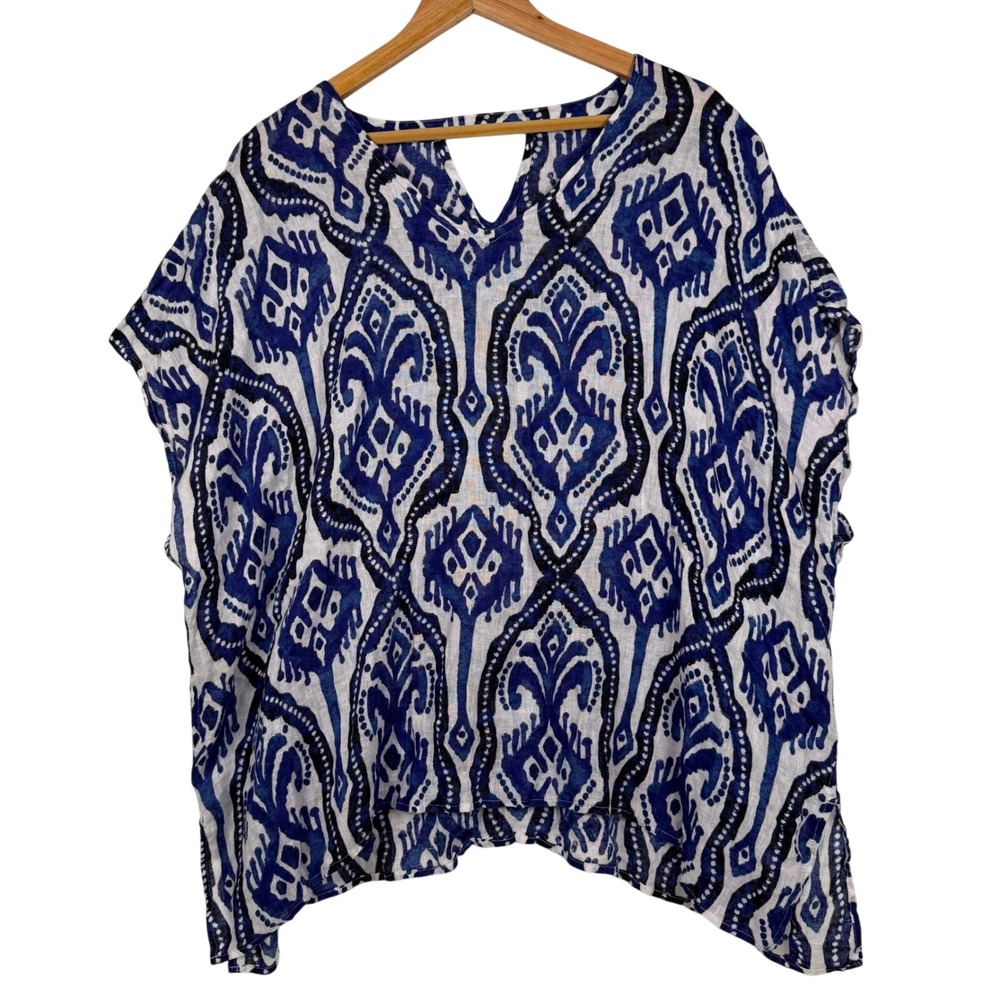 Chico's linen Blue White Ikat Damask Print V-Neck Poncho Top with Back‎ Cut-Out